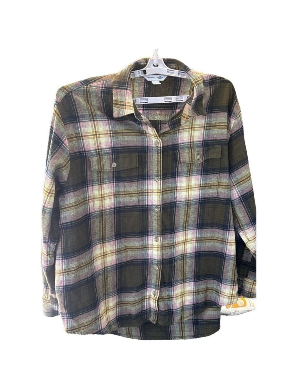 Women's Old Navy Plaid Flannel Button Down Shirt L Green Pink Grunge